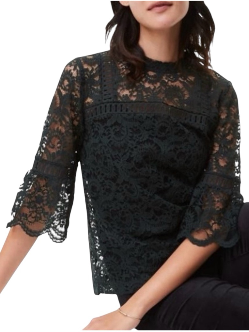 LOFT Black Dark Forest Green Lace Mock Neck 3/4 Scalloped Sleeve Blouse Top